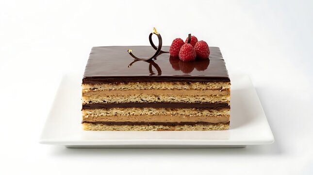 Elegant chocolate raspberry opera cake on white plate studio lighting