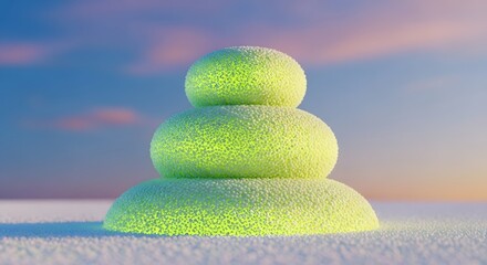 Zen meditation and mindfulness practice. Calm environment and balanced living. Stack of glowing green stones on a white surface representing peace and mental health