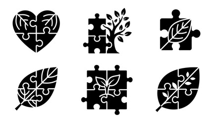 Black puzzle pieces with leaf designs. © lestari