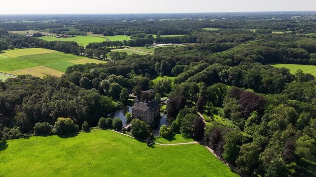 Aerial flying over a castle surrounded by a moat in a lush green forest landscape