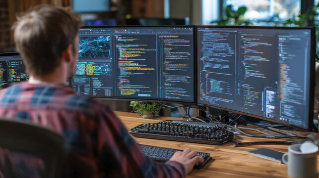 Software developer working on computer code on multiple monitors at a wooden desk in a modern office