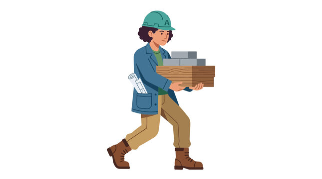 Female construction worker carrying materials, blueprint, hard hat, safety boots