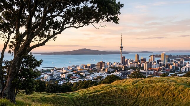 Stunning sunset view of Auckland city skyline and Rangitoto Island from Mount Eden.