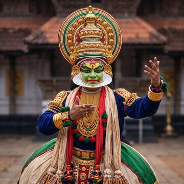 Traditional Kathakali dancer performing with vibrant green makeup and ornate costume in front of an ancient temple for a cultural travel and tourism concept