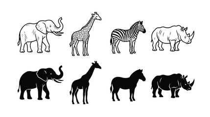 Fototapeta premium African safari animal vector icons, hand drawn elephant giraffe zebra and rhino illustrations, black and white wildlife silhouettes and line art set