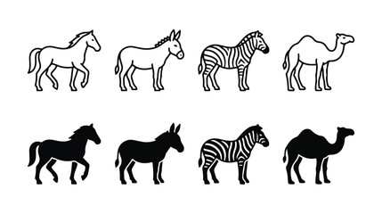 Fototapeta premium Minimalist animal line icons and silhouettes, set of 8 horse donkey zebra and camel vector illustrations, black and white wildlife symbols