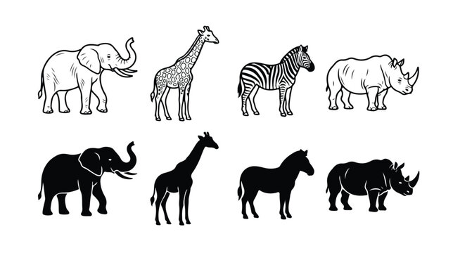African safari animal vector icons, hand drawn elephant giraffe zebra and rhino illustrations, black and white wildlife silhouettes and line art set