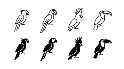 Fototapeta premium Tropical parrot icon set, 8 exotic bird vector illustrations, minimalist macaw and toucan line art, black and white cockatoo silhouettes for logo design