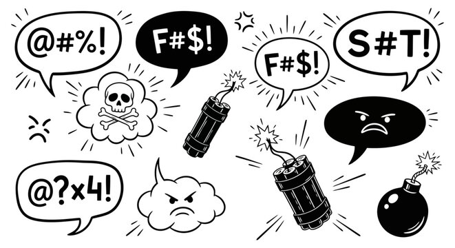 Cartoon Angry Faces Expressing Frustration with Curse Symbols and Bombs.