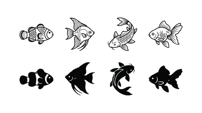 Minimalist fish icon set with 8 vector elements, black and white aquatic animal silhouettes, tropical fish line art for logo design and branding