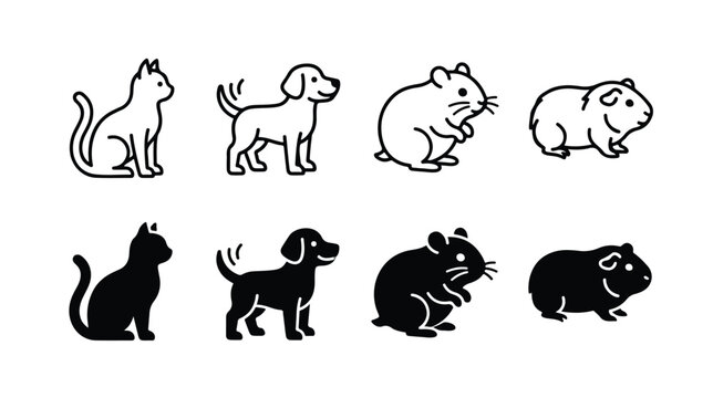 Minimalist pet animal icon set, black and white vector illustrations of cat dog hamster and guinea pig, simple line art and solid silhouette graphics