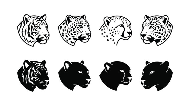 Vintage wild cat head vector set, 8 big cat portraits including tiger, leopard, cheetah, and panther, black and white feline mascot icons