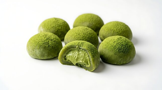 Matcha mochi dessert collection with bite mark studio lighting