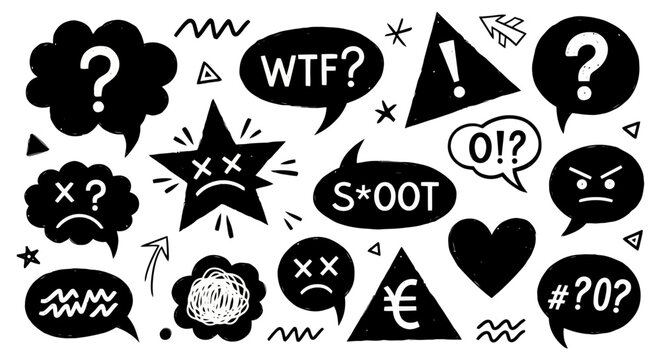 Black and White Comic Style Doodles with Speech Bubbles and Expressive Symbols.