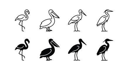 Obraz premium Minimalist water bird icon set, 8 vector illustrations of flamingo, pelican, stork and heron, black line art and solid silhouettes for logo design