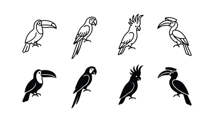 Fototapeta premium Minimalist tropical bird icons set, black and white exotic parrot and toucan silhouettes, 8 vector bird illustrations for logo design