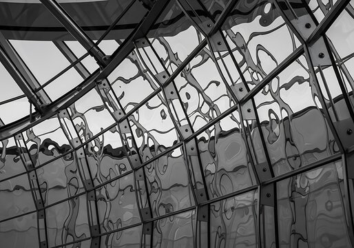 Monochrome glass ceiling, architectural details, metal framework, decorative panels, interior design elements