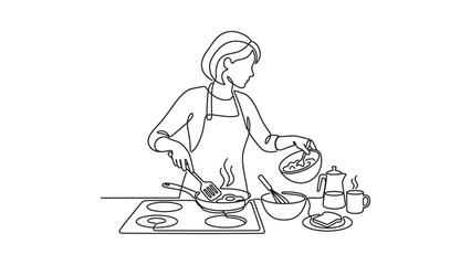 Obraz premium Continuous line drawing of a woman cooking in the kitchen.