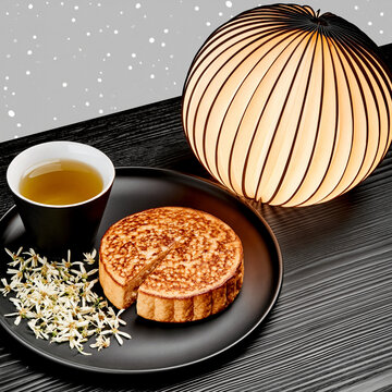 Glowing Chochin Lantern with Mooncake and Tea at Night