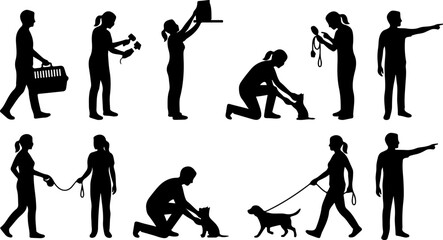 Fototapeta premium Silhouettes of people interacting with pets and animals vector illustration