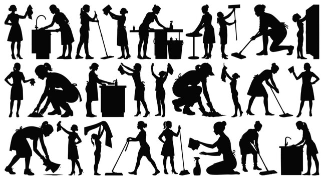 Women and girl Cleaning Silhouette Set, Housekeeping Vector Collection, Household Chores Black Icons