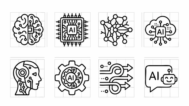 AI Icons Set: A collection of line art icons representing artificial intelligence, including a brain, a chip, a neural network, a cloud AI, a robot head, a gear, data flow, and a chat bot.