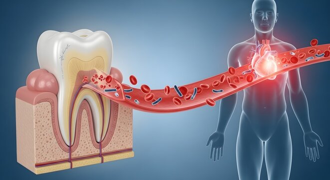 Dental health and systemic disease connection. Periodontal infection and cardiovascular impact. 3D illustration of bacteria traveling from an infected tooth into the bloodstream