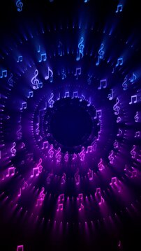 music notes neon lights pink and blue tunnel flying on dark background , stream musical nota bar and concert social media background