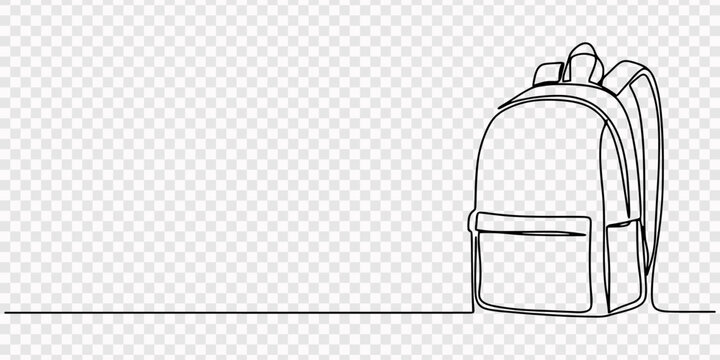 Minimalist line art of backpack with front pocket and zippered compartments. Non editable stroke, Continuous one line drawing backpack. Camping backpack vector hand drawn silhouette clipart. Sketch