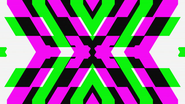 Neon green and magenta geometric glitch with scanline distortion and symmetrical abstract shapes on black. Suits an energetic EDM nightclub poster and DJ party branding composition.