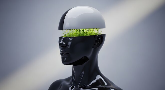 Creative brain growth and mental expansion. Psychology, mindfulness and nature integration. A glossy black head sculpture open at the top with green sprouts growing inside