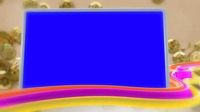 3D Colorful Curved Ribbon Motion Loop with Blue Screen Display and Scattered Gold Sequins on Beige Background