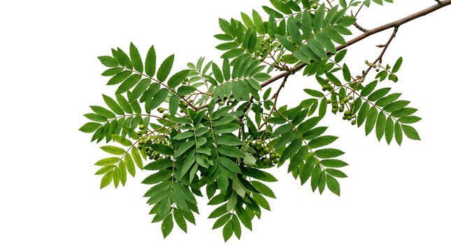 Green rowan tree branch with small berries green leaves
