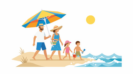 Fototapeta premium A family enjoys a sunny day at the beach, walking under an umbrella with their children carrying beach toys.