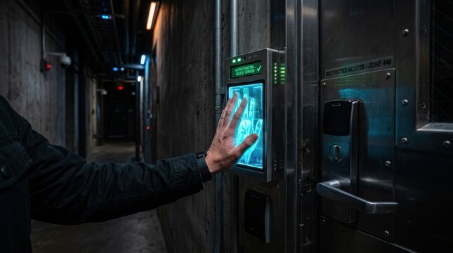 Hand scanning palm on digital biometric security reader for restricted access in dark industrial hallway