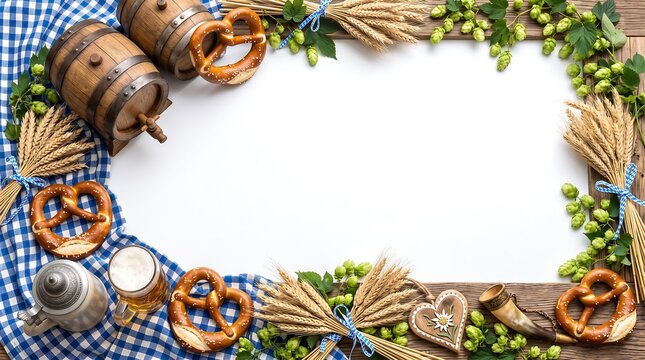 Authentic Oktoberfest festive frame with beer barrels pretzels hops and wheat on wood for greeting card background