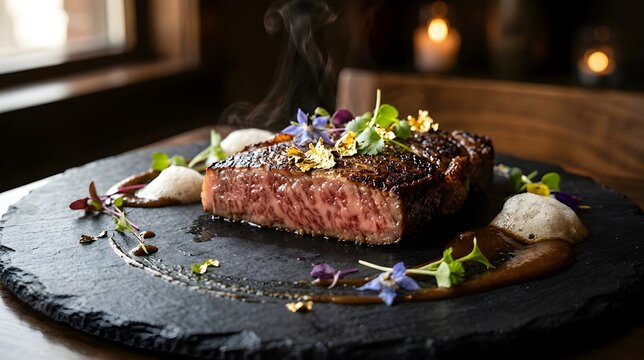 Daging Steak Wagyu Medium Rare Mewah dengan Lapisan Emas dan Bunga Edibel