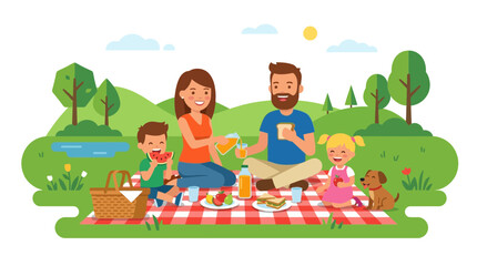Fototapeta premium A happy family enjoys a picnic in a park with their dog, sharing food and drinks on a checkered blanket.