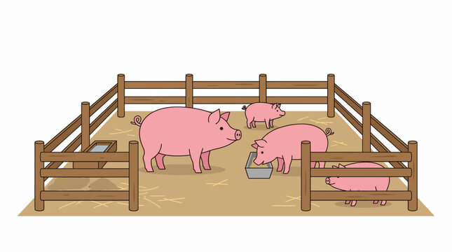 A group of cartoon pigs are inside a wooden pen, with some eating from troughs.