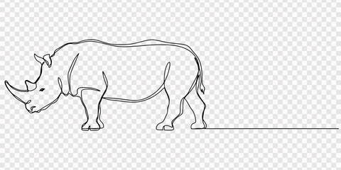 Continuous Line Art Drawing of a Rhinoceros on a White Background, Rhino in continuous one line drawing. Rhinoceros single contour animal. Vector illustration isolated. Minimalist design hand draw © line draw