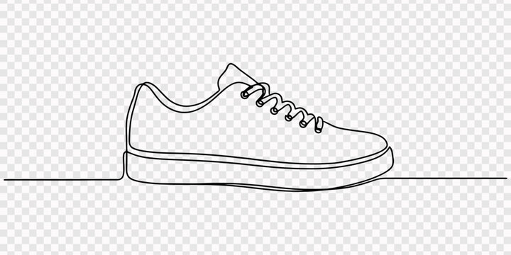 Shoe continuous one line drawing and minimalist style isolate outline vector illustration, continuous one line drawing of athletic running shoe, minimalist sports footwear outline illustration, fitnes
