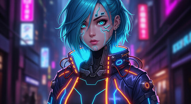 Portrait of a futuristic cyberpunk woman with vibrant blue hair, glowing eyes, and tech details in a neon lit night city.