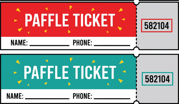 Colorful raffle ticket template set with serial number, printable event admission stub design