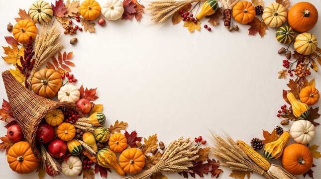 Thanksgiving autumn border frame with cornucopia spilling pumpkins and colorful fall leaves on light background