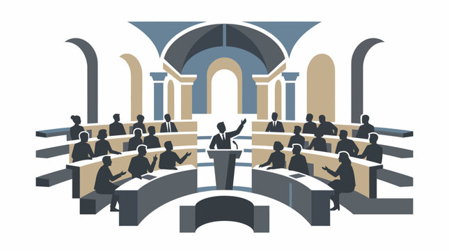 A speaker addresses an audience seated in a semicircular chamber, with architectural elements suggesting a formal gathering or debate.