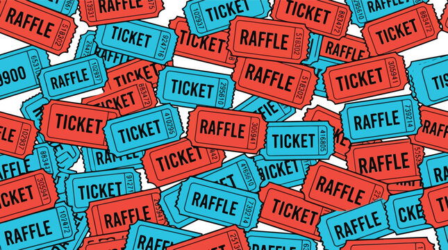 Colorful raffle tickets background with red blue and orange tickets for event fundraiser lottery