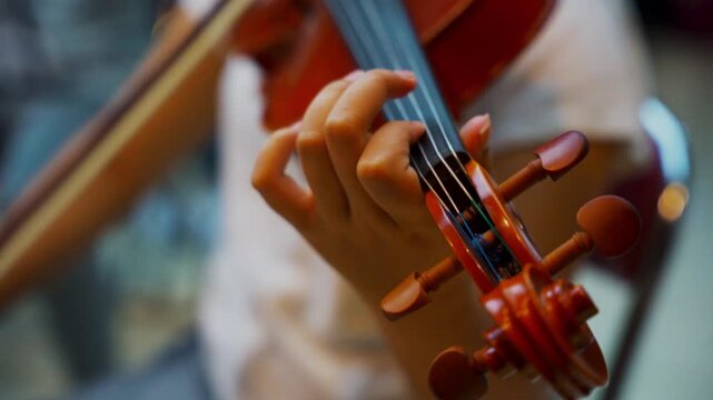 Cinematic Close up musician playing the violin in rehearsal studio