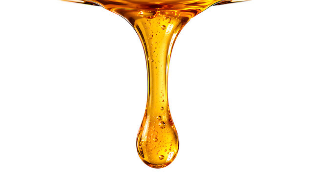 Golden honey drip with bubbles thick syrup liquid flow sweet food ingredient glossy natural drop pouring viscous isolated on a transparent background