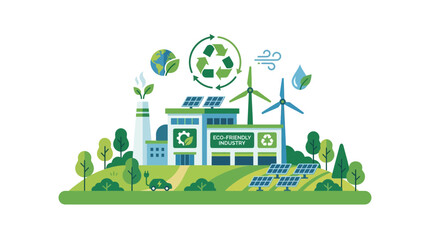 Fototapeta premium An illustration depicting an eco-friendly industry with renewable energy sources like solar panels and wind turbines.