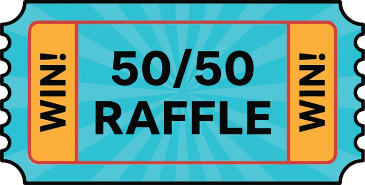 Colorful 50/50 raffle ticket graphic with winner text, vector-style fundraising event design